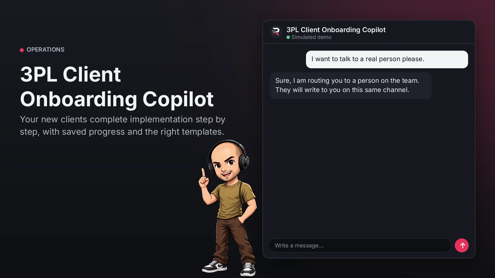 Hero image: 3PL Client Onboarding Copilot. Your new clients complete implementation step by step, with saved progress and the right templates.