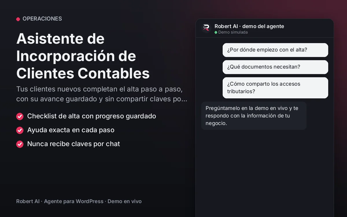 Portada: Asistente de Incorporación de Clientes Contables. Tus clientes nuevos completan el alta paso a paso, con su avance guardado y sin compartir claves por chat.