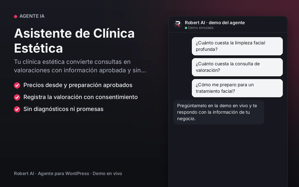 Portada: Asistente de Clínica Estética. Tu clínica estética convierte consultas en valoraciones con información aprobada y sin promesas de resultados.