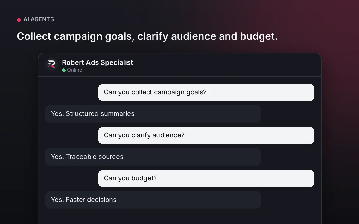 Ads Specialist AI Agent — Collect campaign goals, clarify audience and budget.