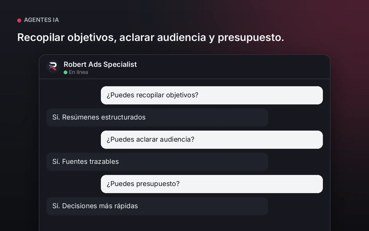 Agente Especialista en Ads — Recopilar objetivos, aclarar audiencia y presupuesto.