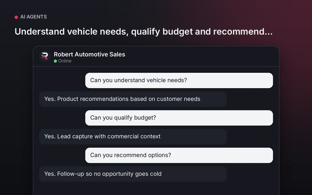 Automotive Sales AI Agent — Understand vehicle needs, qualify budget and recommend options.