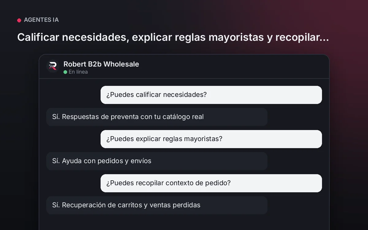 Agente Mayorista B2B — Calificar necesidades, explicar reglas mayoristas y recopilar contexto de pedido.