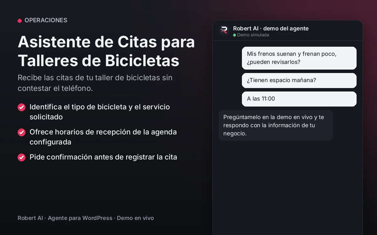 Portada: Asistente de Citas para Talleres de Bicicletas. Recibe las citas de tu taller de bicicletas sin contestar el teléfono.