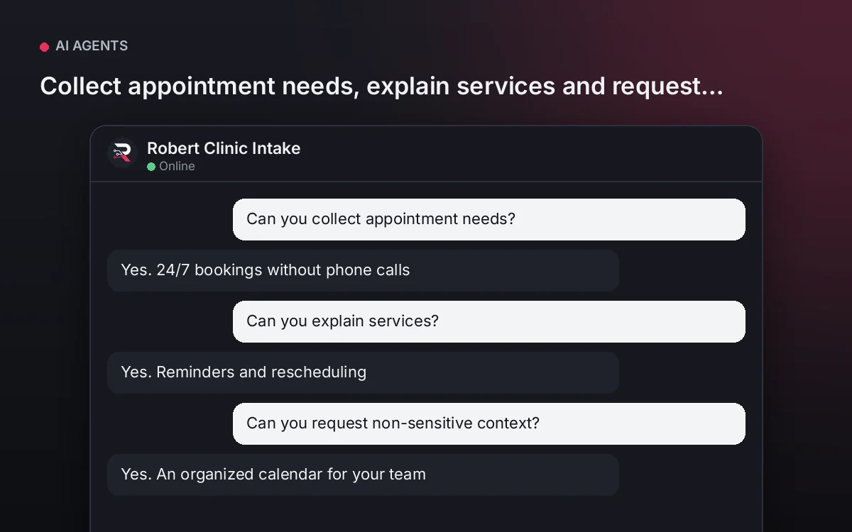 Clinic Intake AI Agent — Collect appointment needs, explain services and request non-sensitive context.