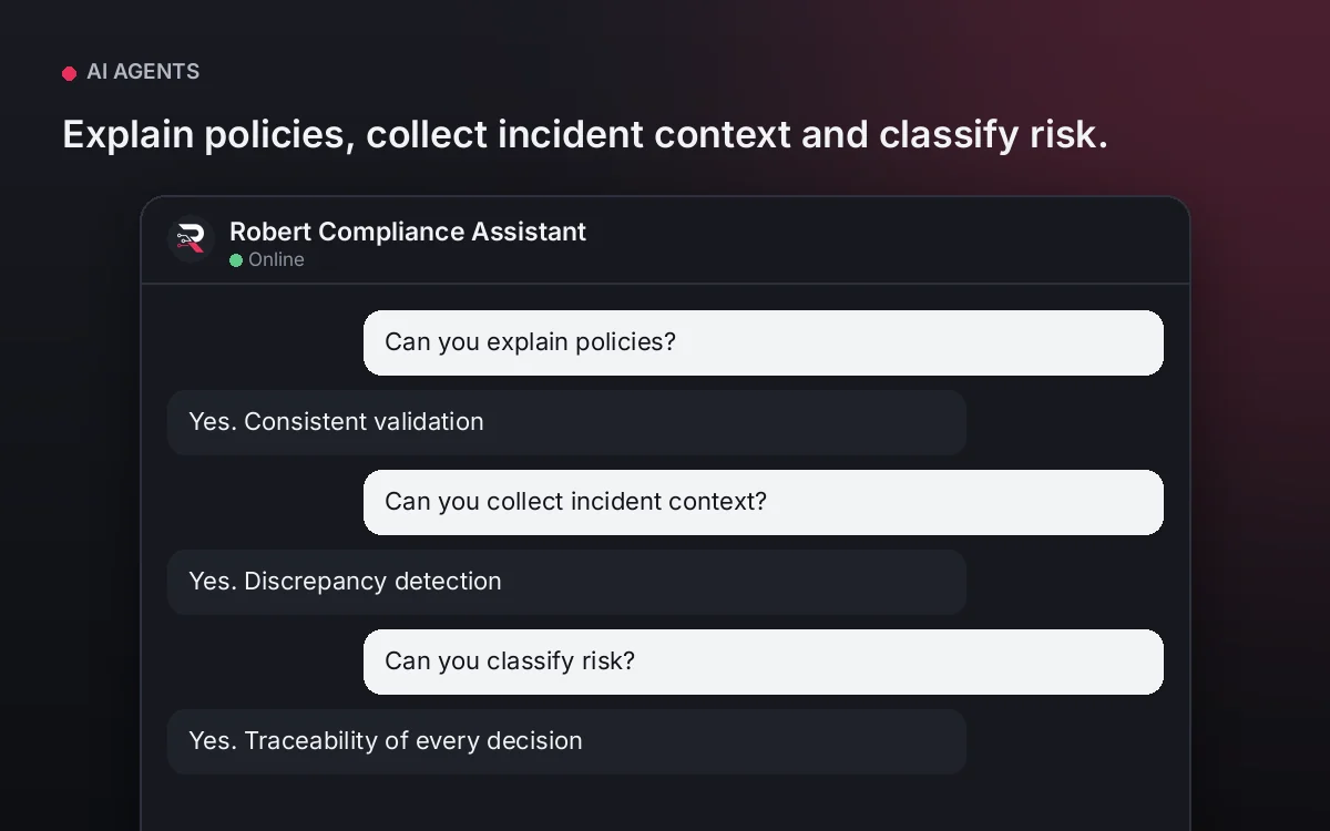 Compliance Assistant AI Agent — Explain policies, collect incident context and classify risk.