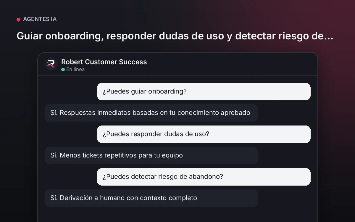 Agente Customer Success — Guiar onboarding, responder dudas de uso y detectar riesgo de abandono.