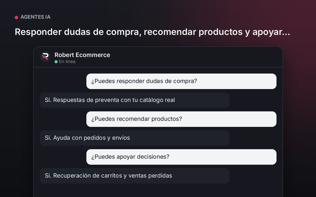 Agente Ecommerce — Responder dudas de compra, recomendar productos y apoyar decisiones.