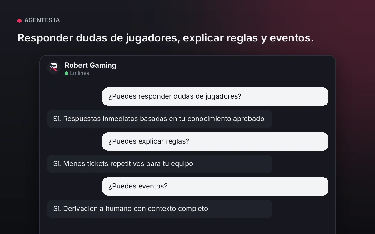 Agente para Videojuegos — Responder dudas de jugadores, explicar reglas y eventos.