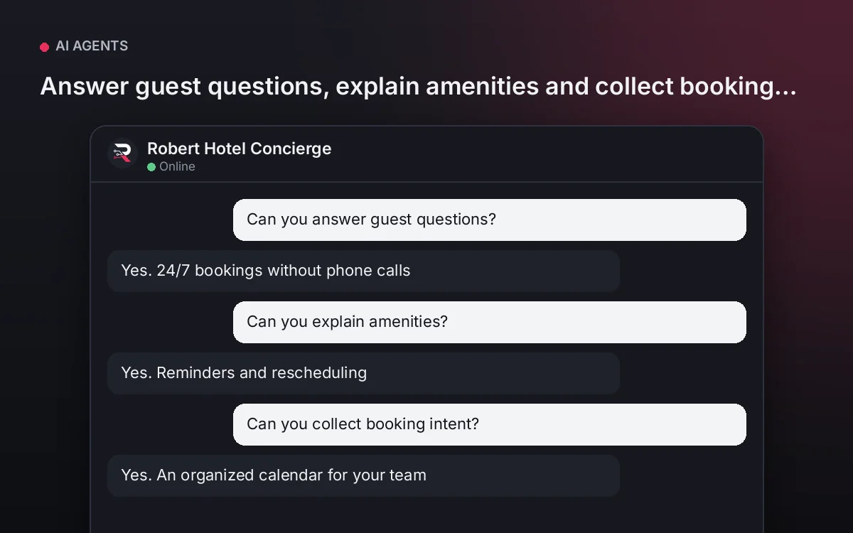 Hotel Concierge AI Agent — Answer guest questions, explain amenities and collect booking intent.