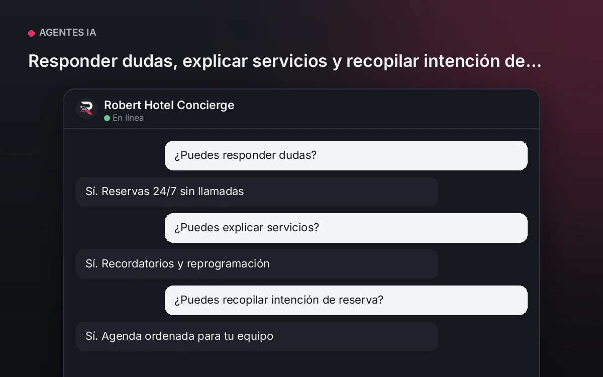 Agente Concierge Hotelero — Responder dudas, explicar servicios y recopilar intención de reserva.
