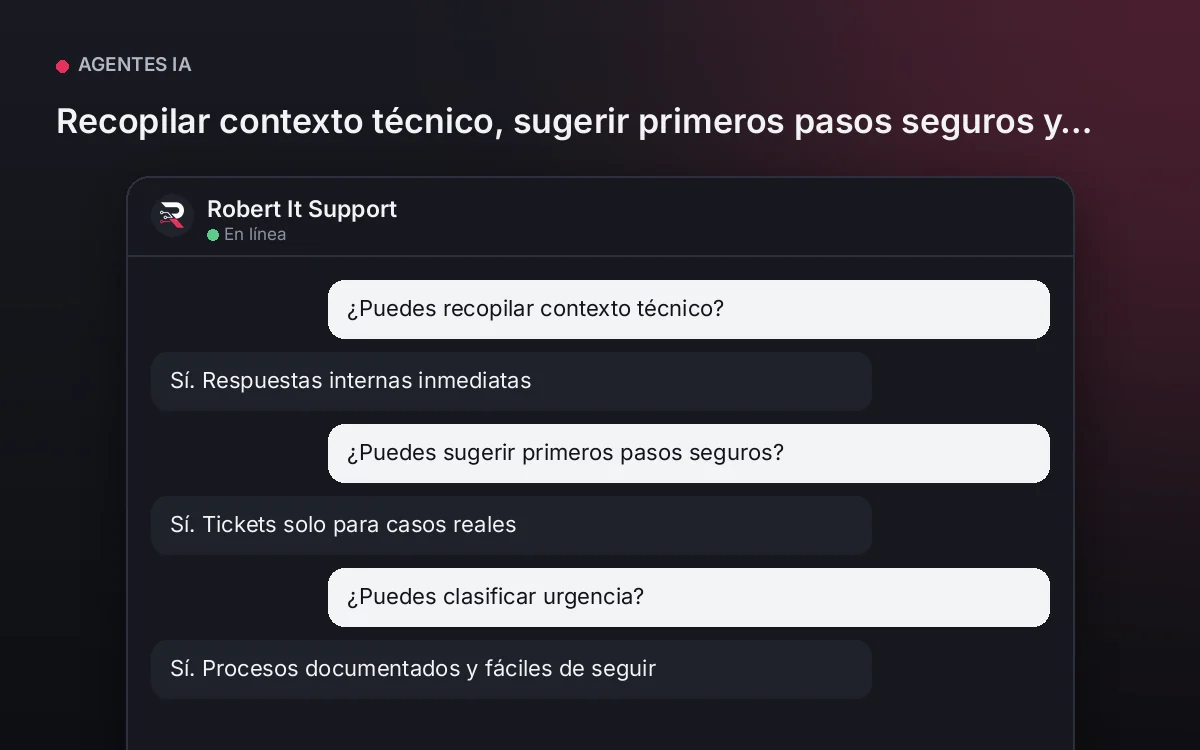 Agente de Soporte IT — Recopilar contexto técnico, sugerir primeros pasos seguros y clasificar urgencia.
