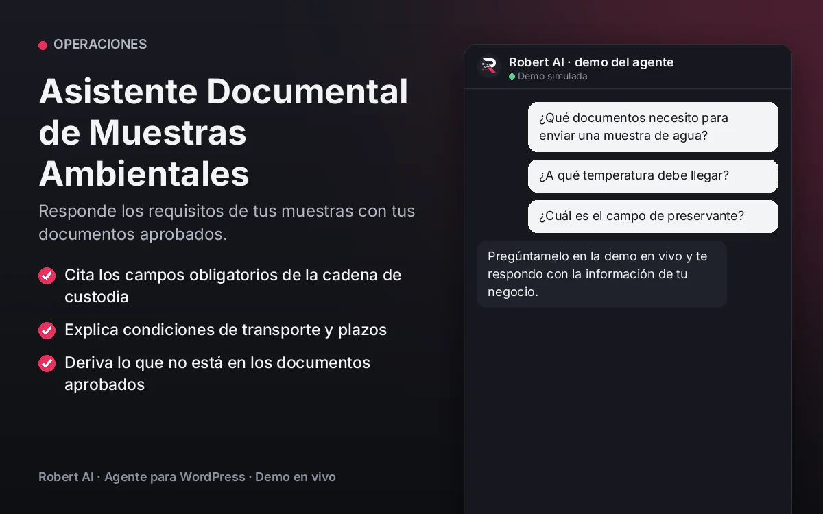 Portada: Asistente Documental de Muestras Ambientales. Responde los requisitos de tus muestras con tus documentos aprobados.