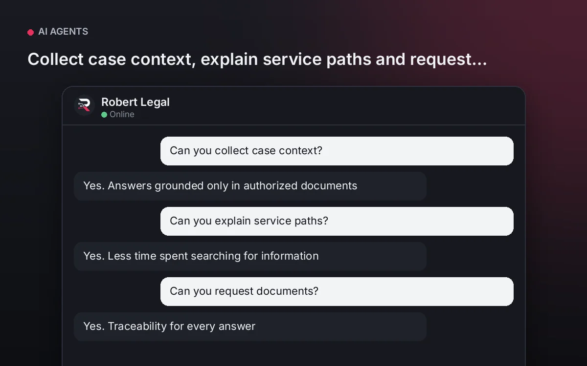 Legal AI Agent — Collect case context, explain service paths and request documents.