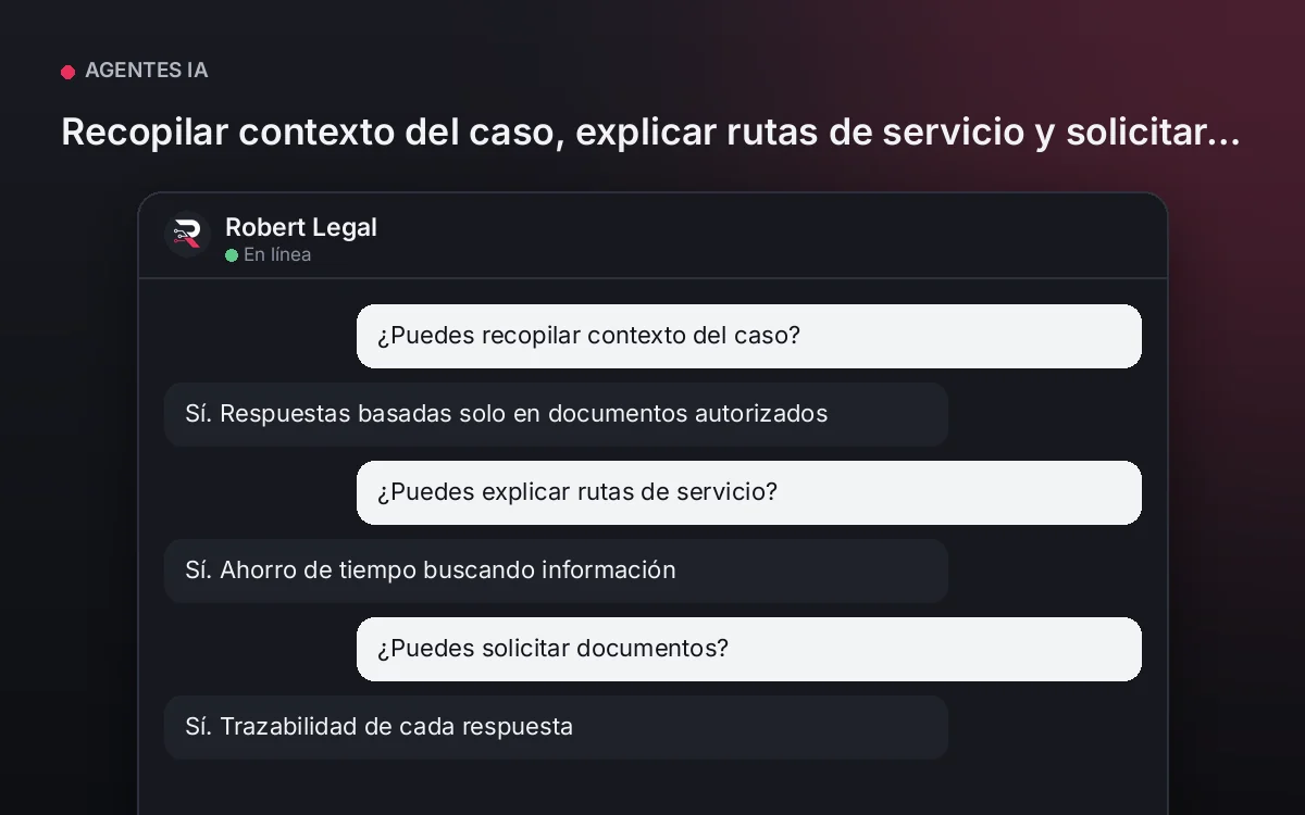 Agente Legal — Recopilar contexto del caso, explicar rutas de servicio y solicitar documentos.