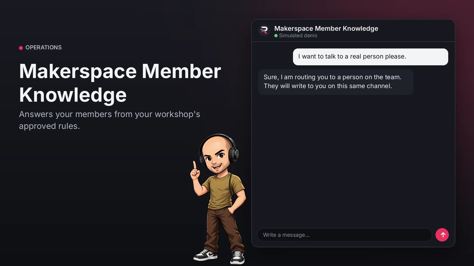 Hero image: Makerspace Member Knowledge. Answers your members from your workshop's approved rules.
