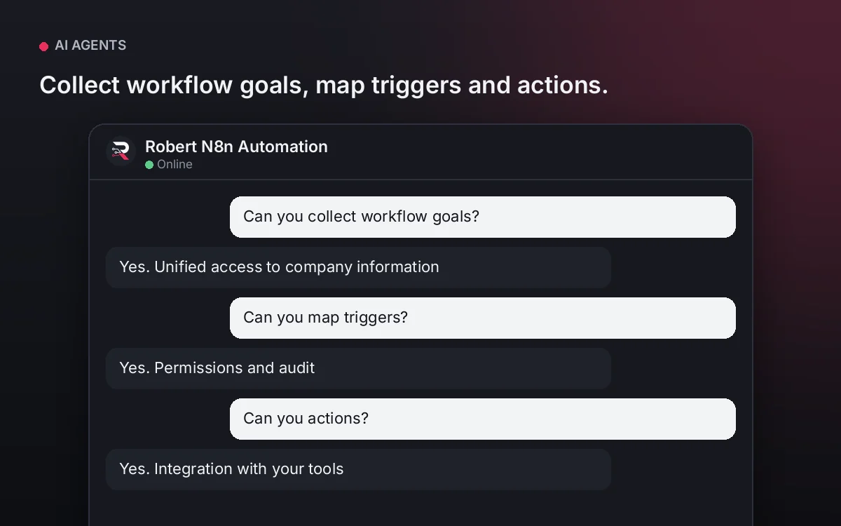 n8n Automation AI Agent — Collect workflow goals, map triggers and actions.