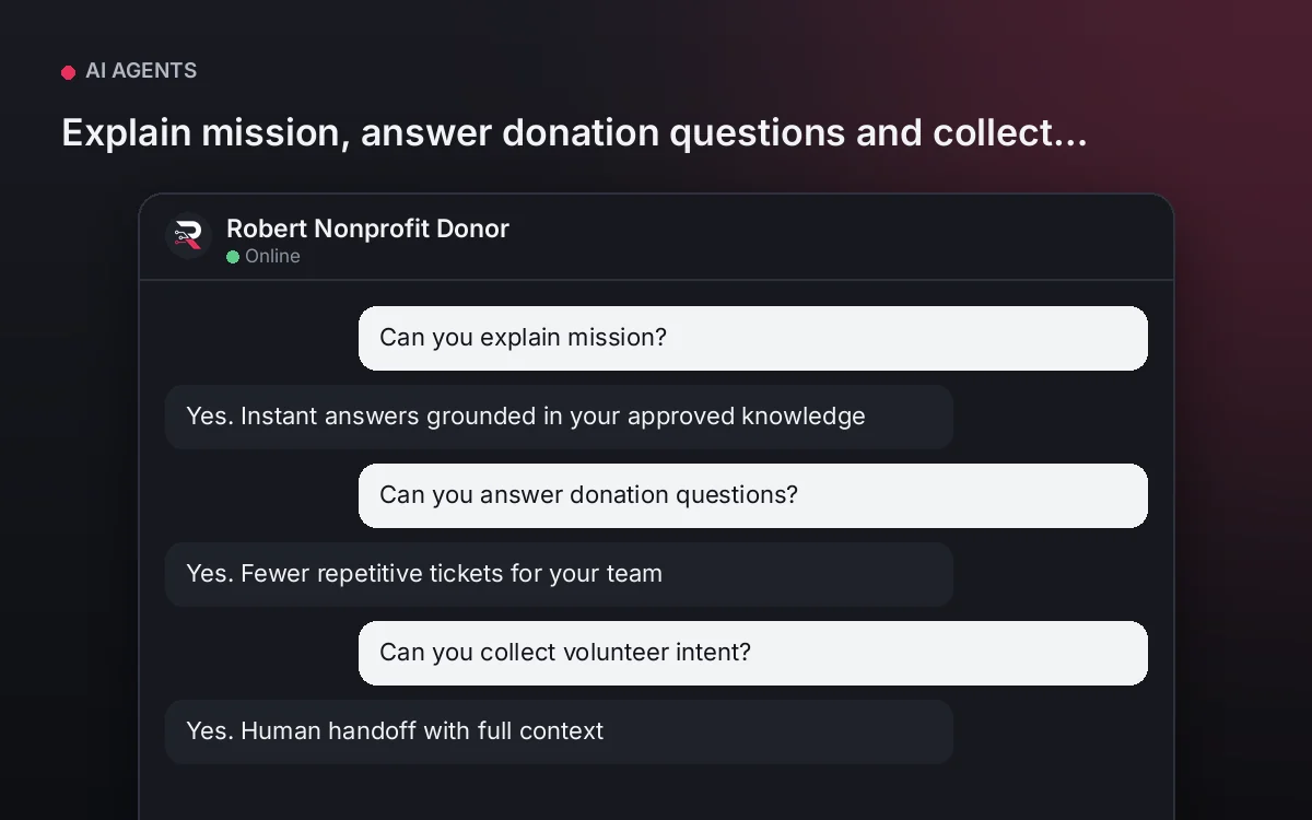 Nonprofit Donor AI Agent — Explain mission, answer donation questions and collect volunteer intent.