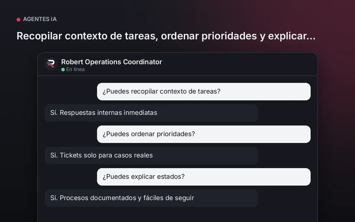 Agente Coordinador de Operaciones — Recopilar contexto de tareas, ordenar prioridades y explicar estados.
