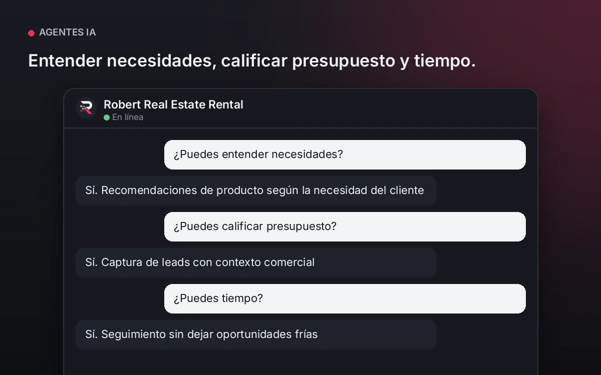 Agente de Alquileres — Entender necesidades, calificar presupuesto y tiempo.