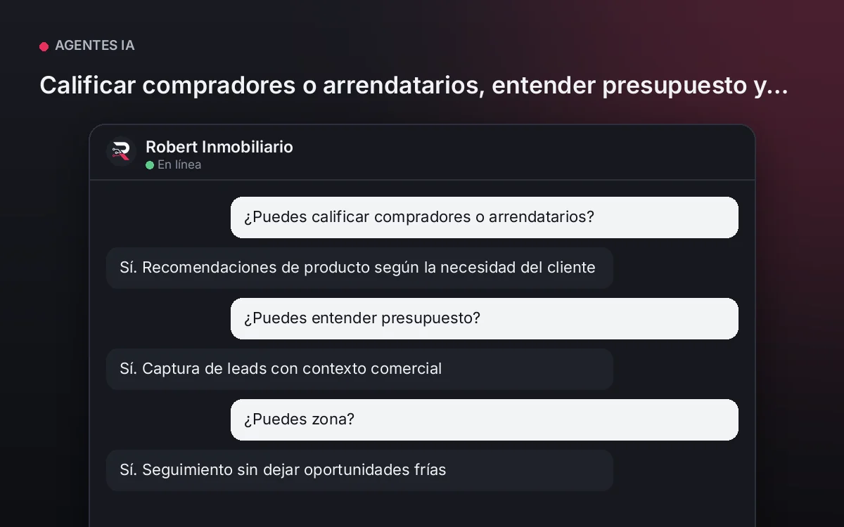 Agente Inmobiliario — Calificar compradores o arrendatarios, entender presupuesto y zona.