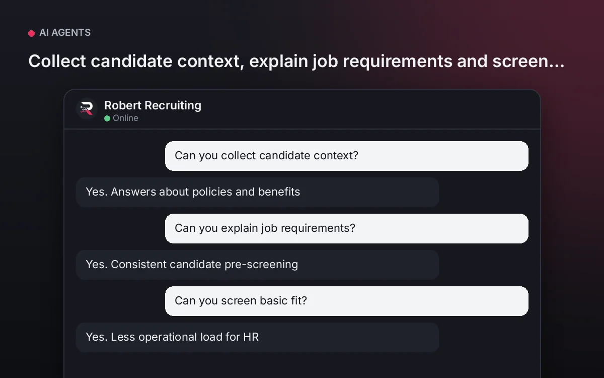 Recruiting AI Agent — Collect candidate context, explain job requirements and screen basic fit.