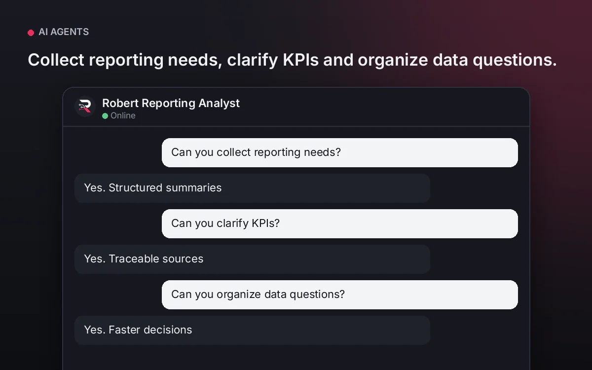 Reporting Analyst AI Agent — Collect reporting needs, clarify KPIs and organize data questions.