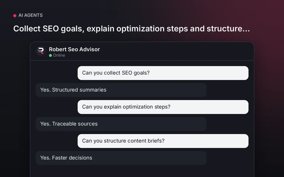 SEO Advisor AI Agent — Collect SEO goals, explain optimization steps and structure content briefs.
