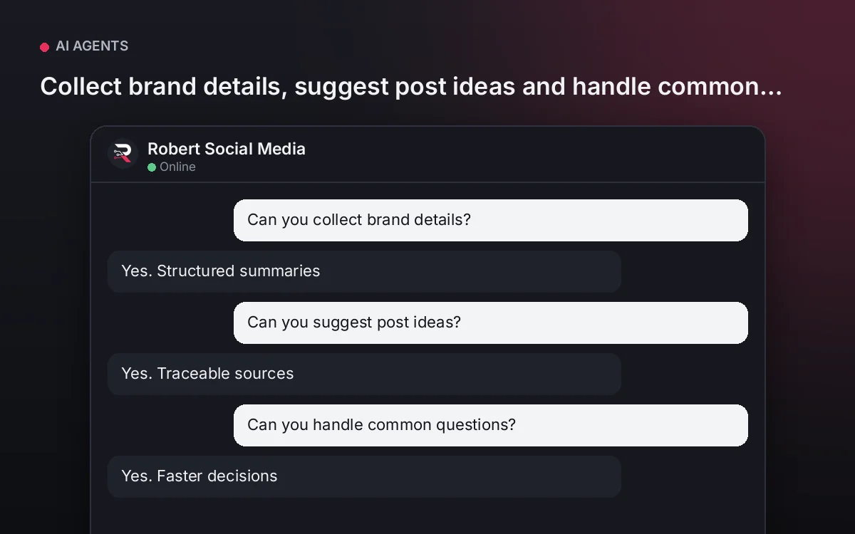 Social Media AI Agent — Collect brand details, suggest post ideas and handle common questions.