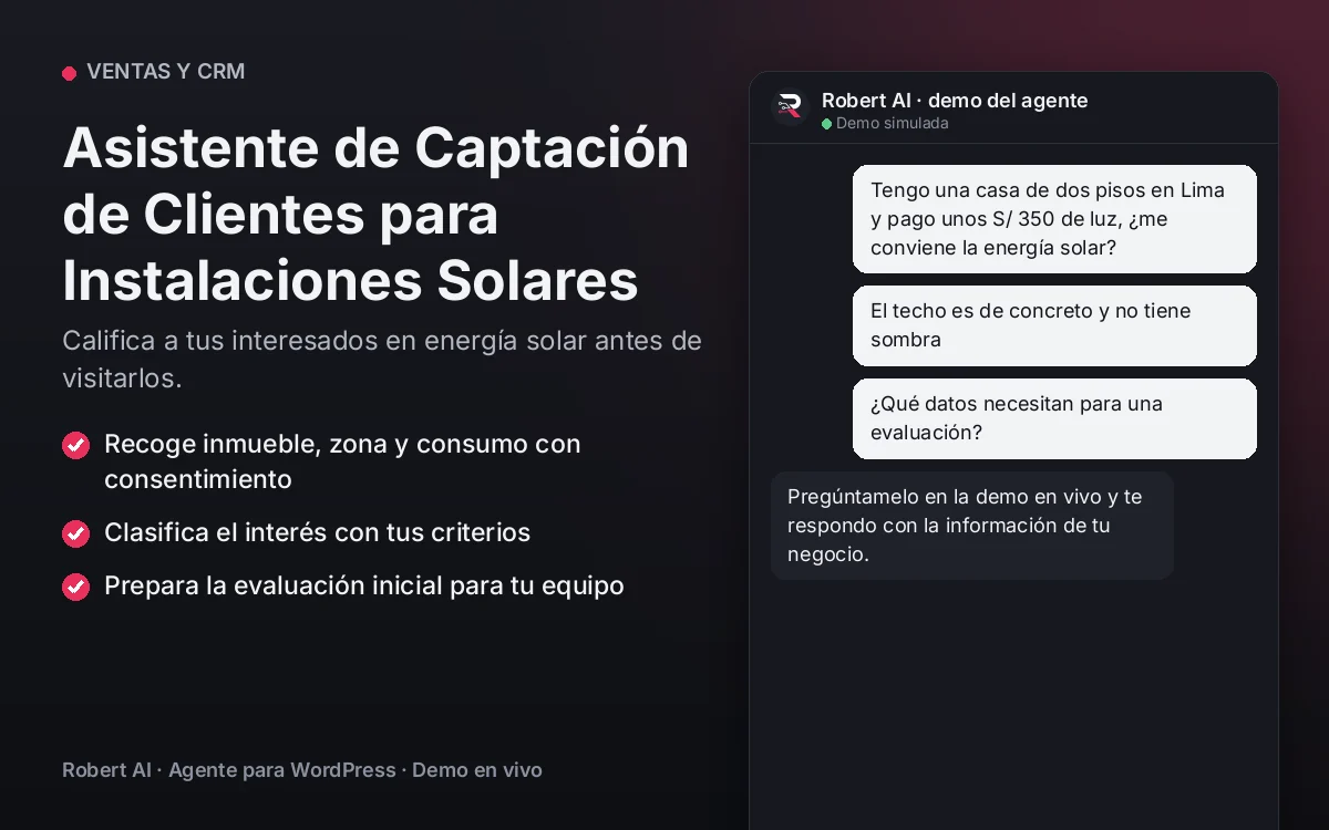 Portada: Asistente de Captación de Clientes para Instalaciones Solares. Califica a tus interesados en energía solar antes de visitarlos.