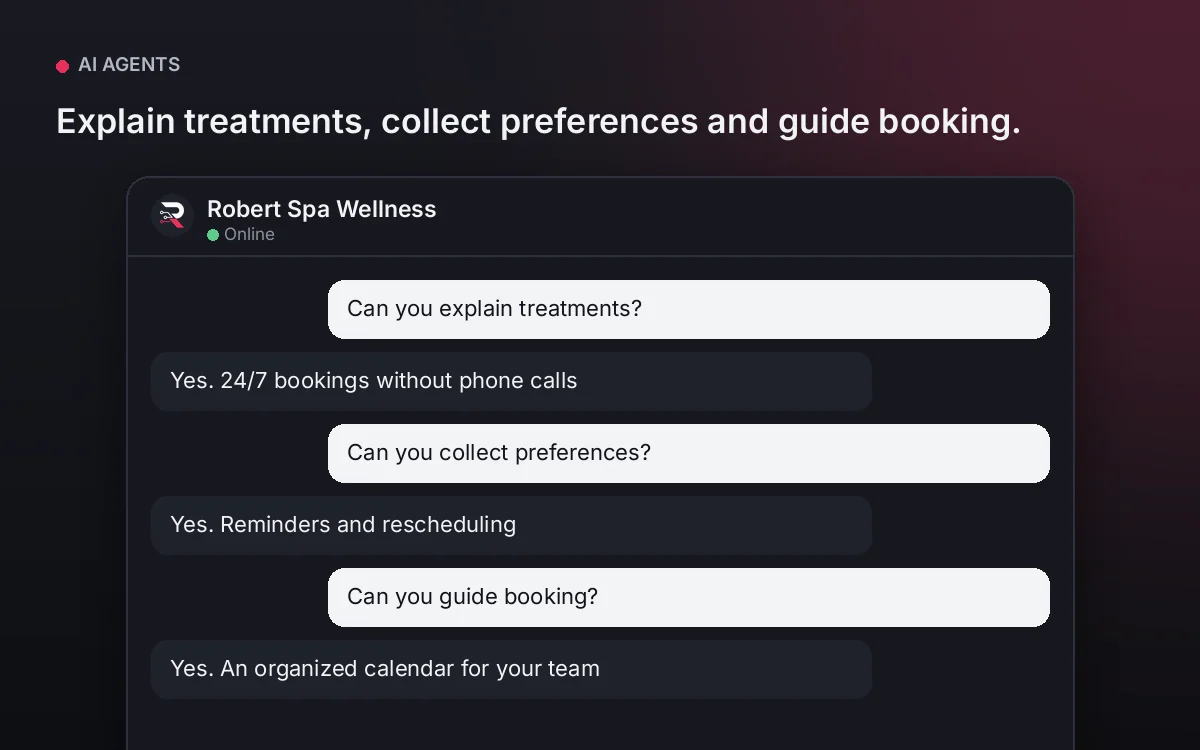 Spa Wellness AI Agent — Explain treatments, collect preferences and guide booking.