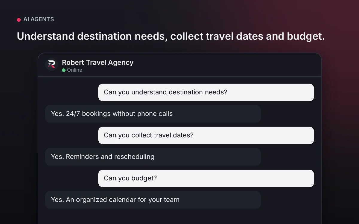 Travel Agency AI Agent — Understand destination needs, collect travel dates and budget.
