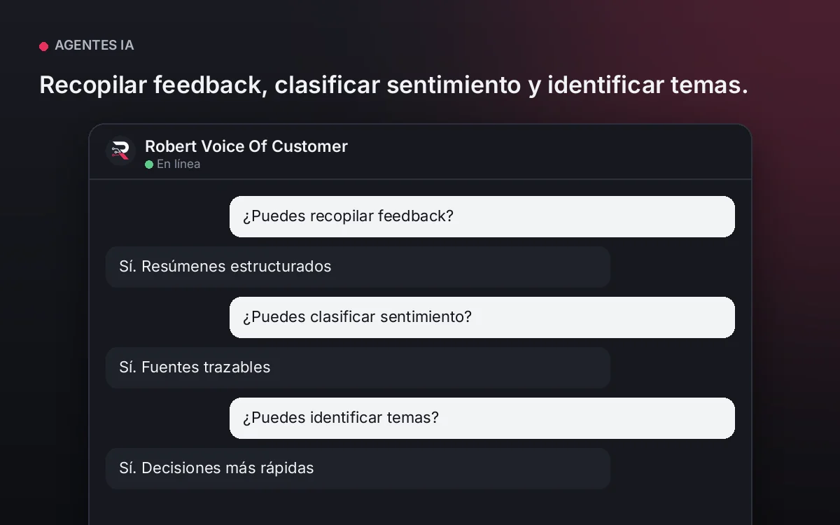 Agente Voz del Cliente — Recopilar feedback, clasificar sentimiento y identificar temas.