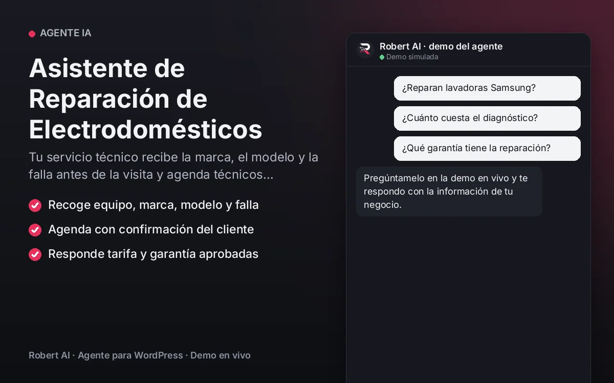 Portada: Asistente de Reparación de Electrodomésticos. Tu servicio técnico recibe la marca, el modelo y la falla antes de la visita y agenda técnicos confirmados.