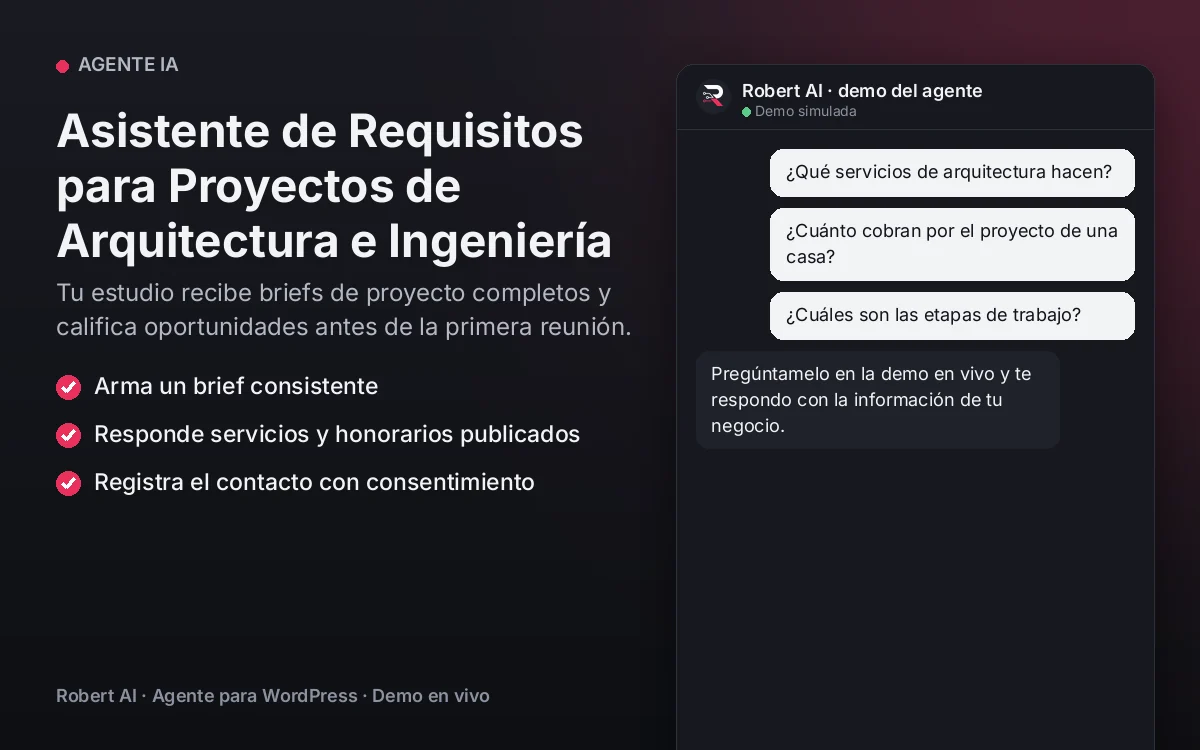Portada: Asistente de Requisitos para Proyectos de Arquitectura e Ingeniería. Tu estudio recibe briefs de proyecto completos y califica oportunidades antes de la primera reunión.