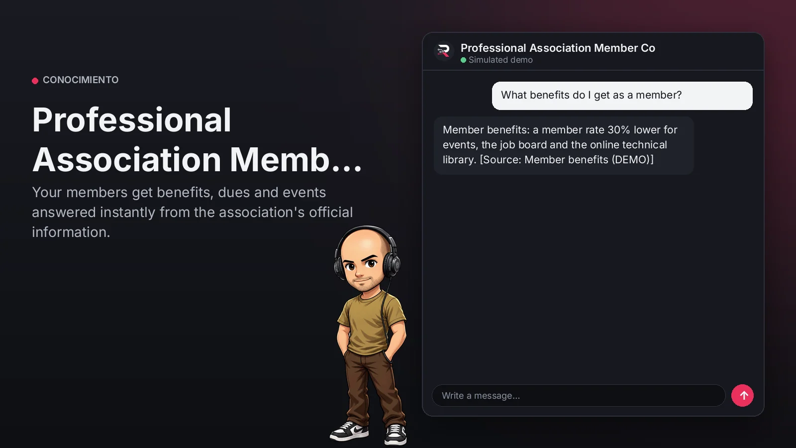 Hero image: Professional Association Member Concierge. Your members get benefits, dues and events answered instantly from the association's official information.