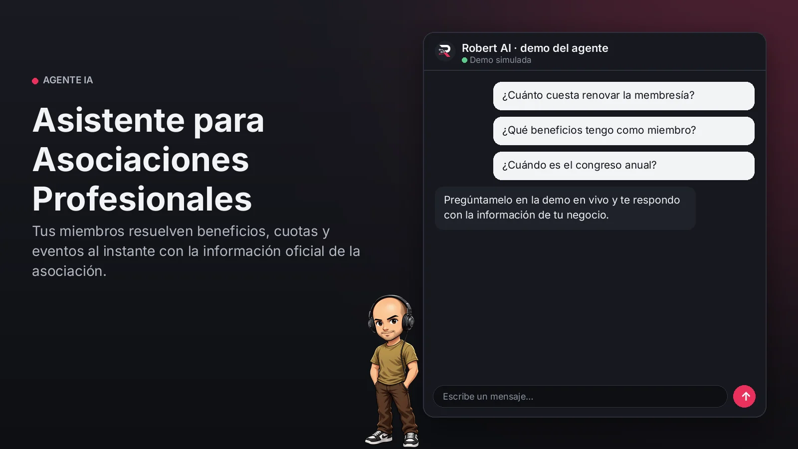 Asistente para Asociaciones Profesionales. Tus miembros resuelven beneficios, cuotas y eventos al instante con la información oficial de la asociación.