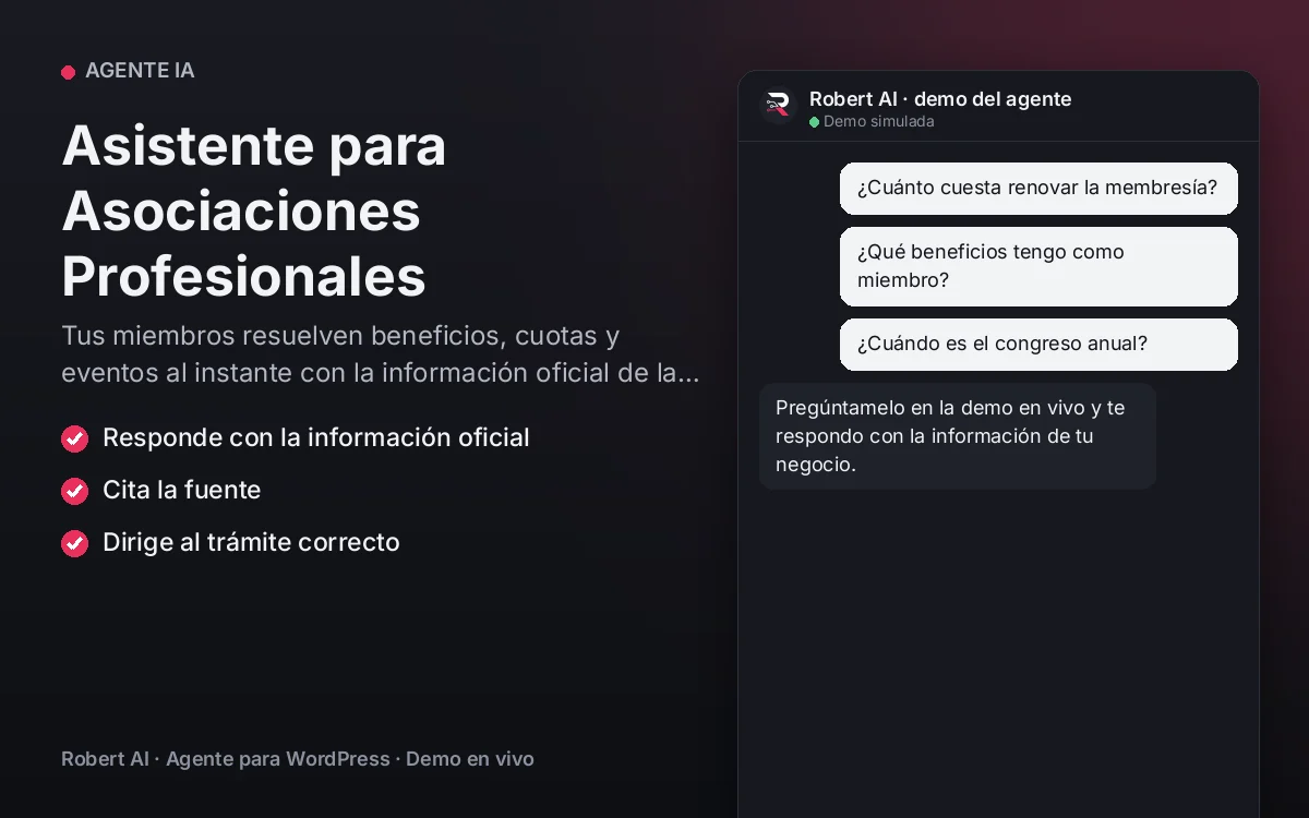 Portada: Asistente para Asociaciones Profesionales. Tus miembros resuelven beneficios, cuotas y eventos al instante con la información oficial de la asociación.