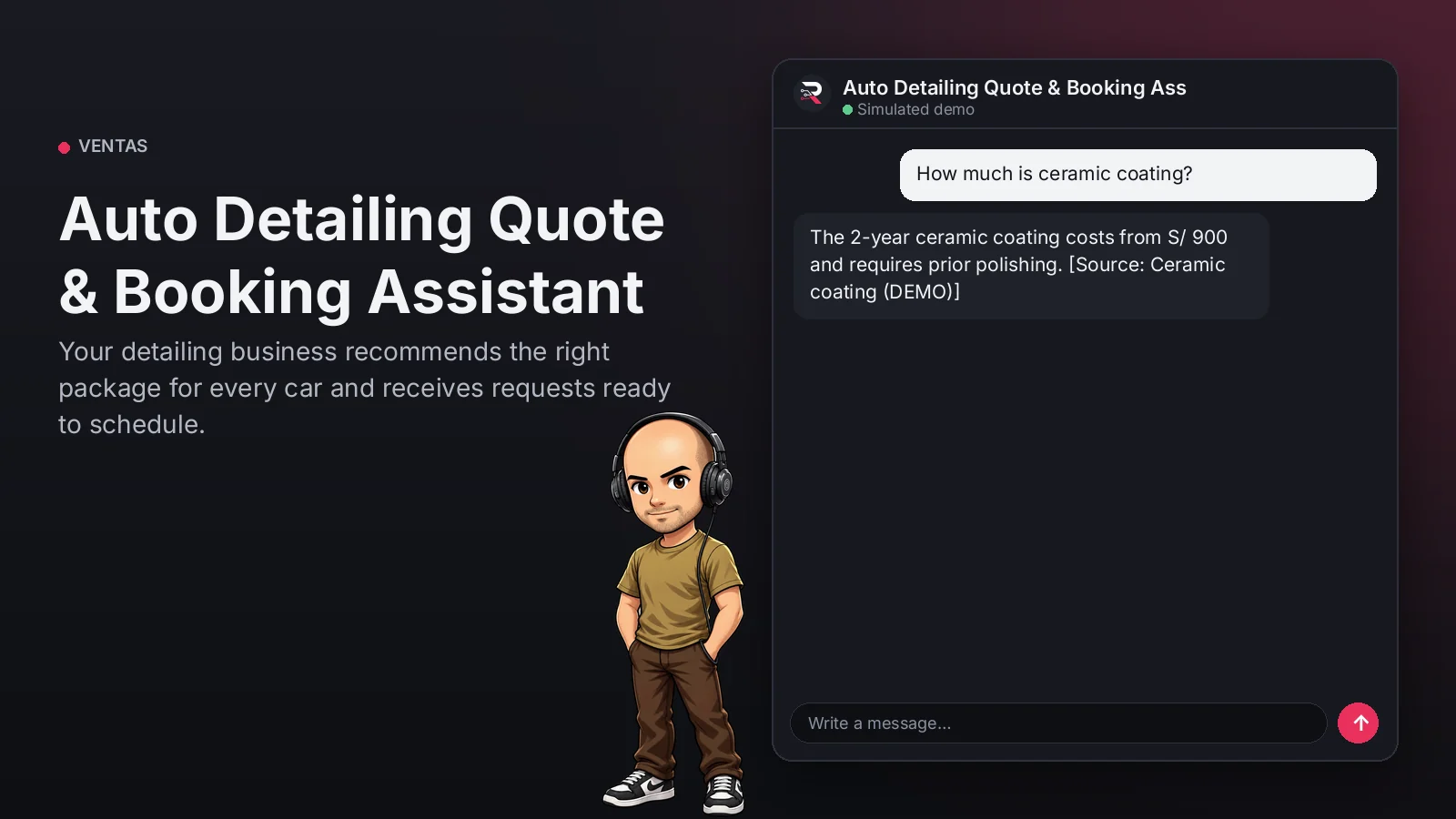 Hero image: Auto Detailing Quote & Booking Assistant. Your detailing business recommends the right package for every car and receives requests ready to schedule.