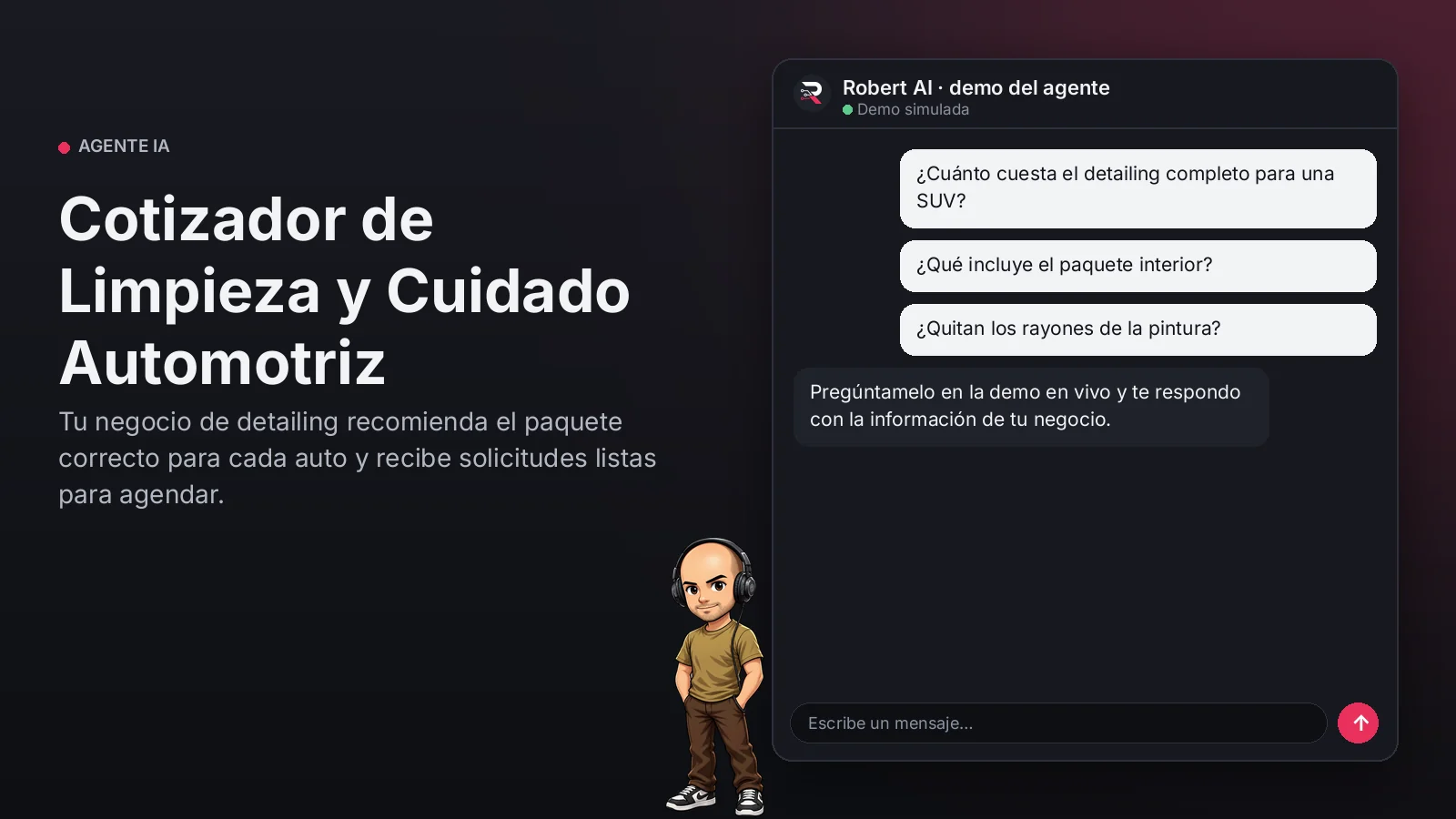 Cotizador de Limpieza y Cuidado Automotriz. Tu negocio de detailing recomienda el paquete correcto para cada auto y recibe solicitudes listas para agendar.