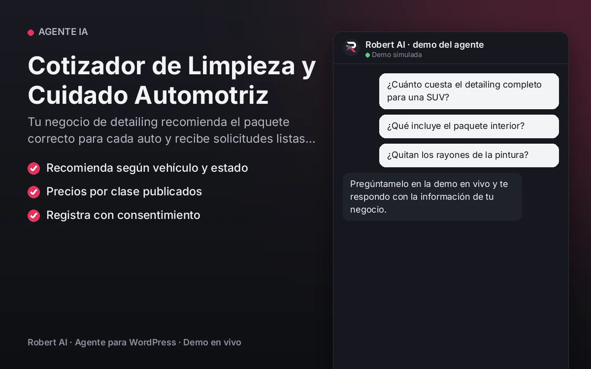 Portada: Cotizador de Limpieza y Cuidado Automotriz. Tu negocio de detailing recomienda el paquete correcto para cada auto y recibe solicitudes listas para agendar.