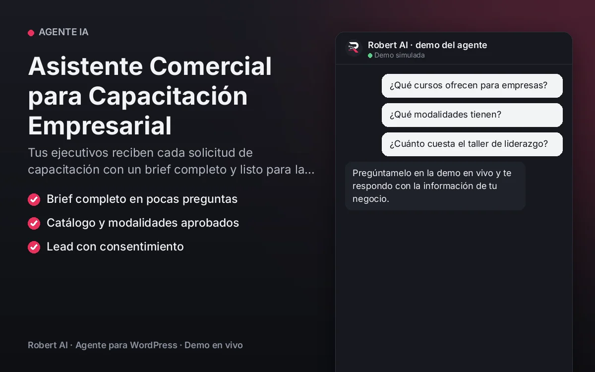Portada: Asistente Comercial para Capacitación Empresarial. Tus ejecutivos reciben cada solicitud de capacitación con un brief completo y listo para la propuesta.