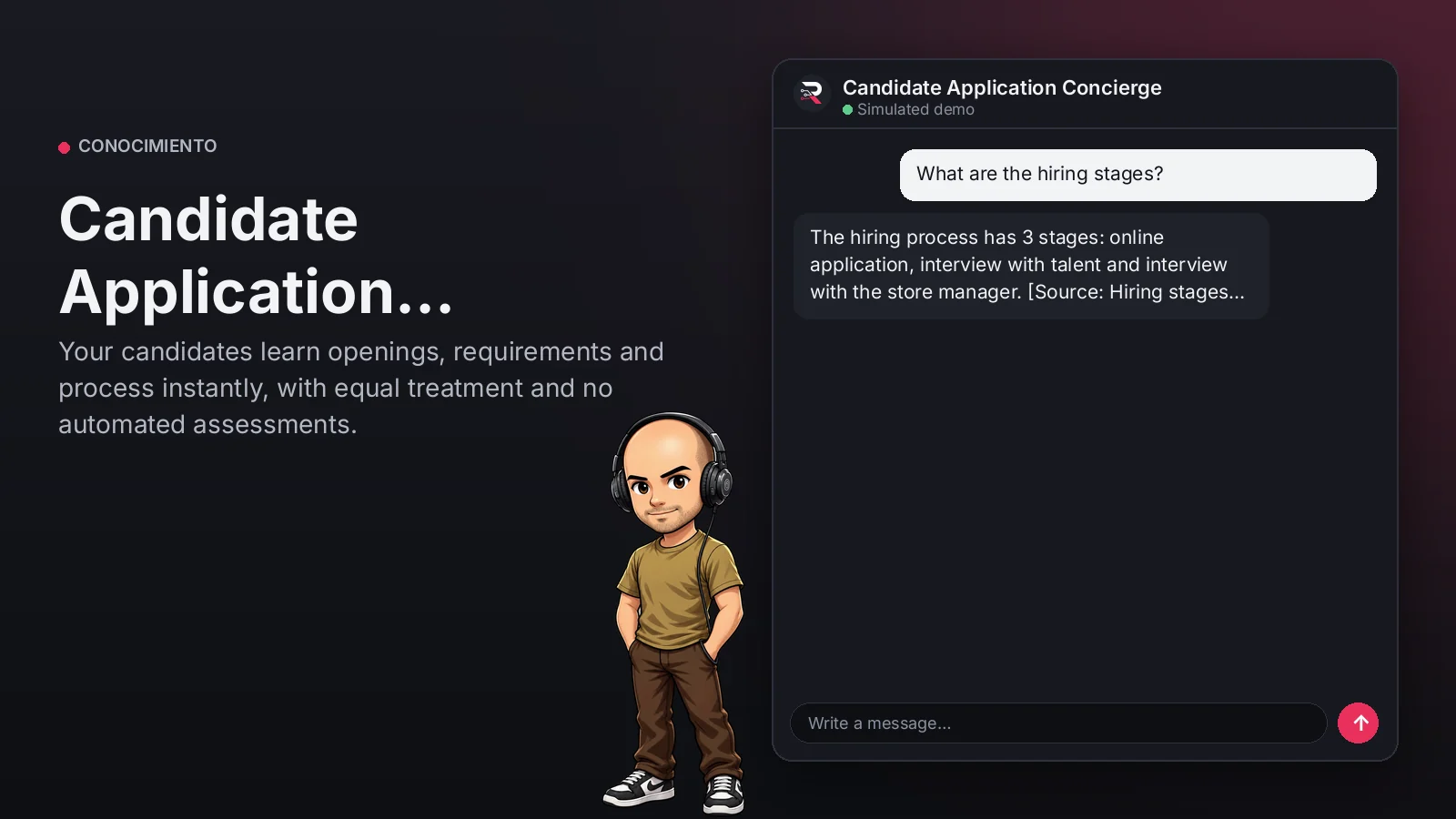 Hero image: Candidate Application Concierge. Your candidates learn openings, requirements and process instantly, with equal treatment and no automated assessments.