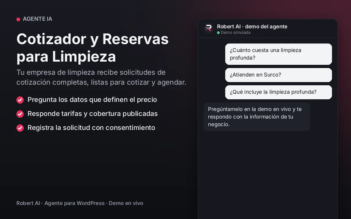 Portada: Cotizador y Reservas para Limpieza. Tu empresa de limpieza recibe solicitudes de cotización completas, listas para cotizar y agendar.