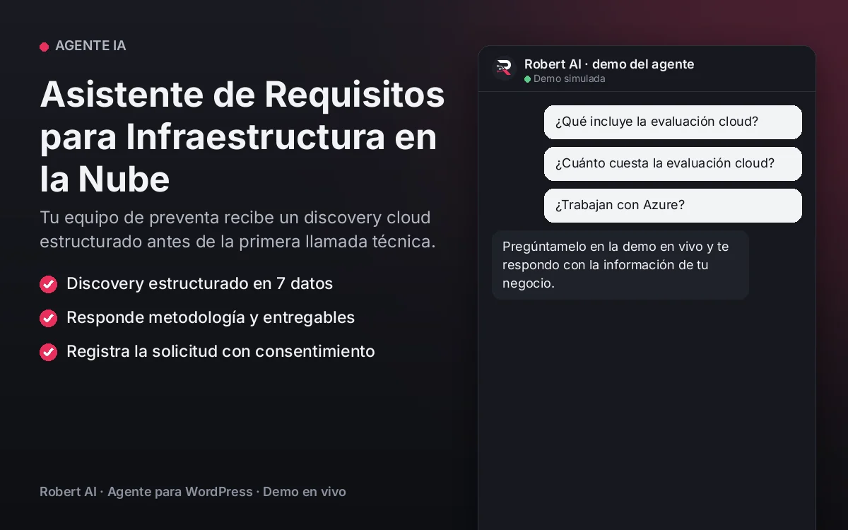 Portada: Asistente de Requisitos para Infraestructura en la Nube. Tu equipo de preventa recibe un discovery cloud estructurado antes de la primera llamada técnica.