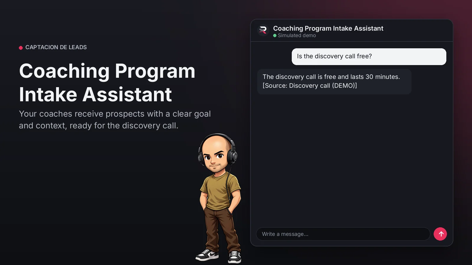 Hero image: Coaching Program Intake Assistant. Your coaches receive prospects with a clear goal and context, ready for the discovery call.