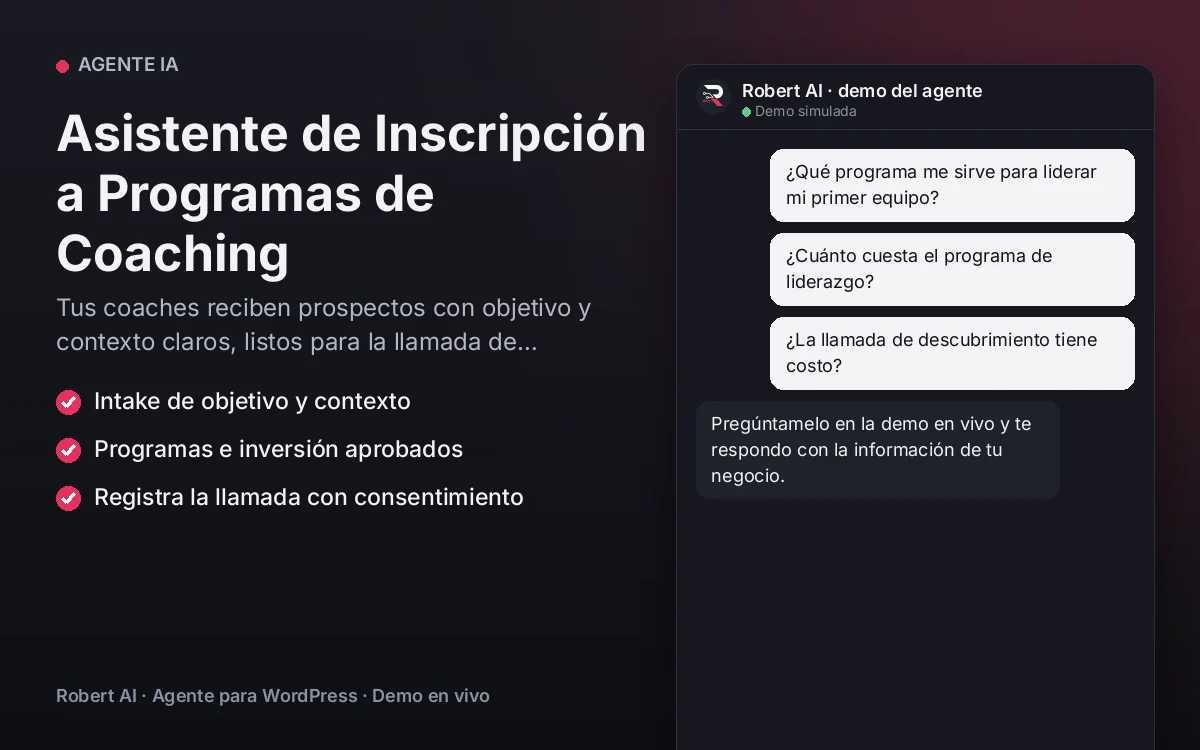 Portada: Asistente de Inscripción a Programas de Coaching. Tus coaches reciben prospectos con objetivo y contexto claros, listos para la llamada de descubrimiento.