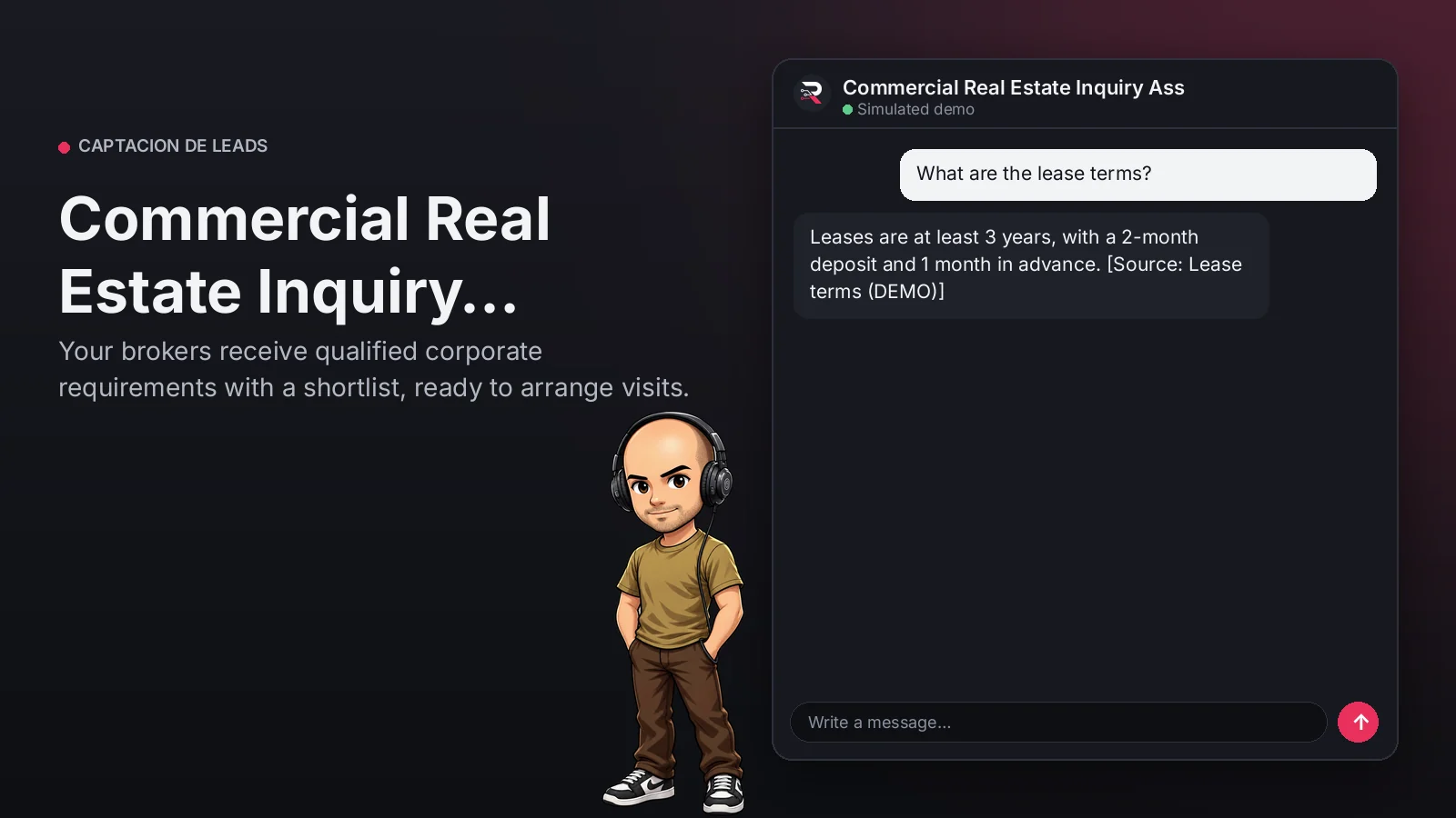 Hero image: Commercial Real Estate Inquiry Assistant. Your brokers receive qualified corporate requirements with a shortlist, ready to arrange visits.