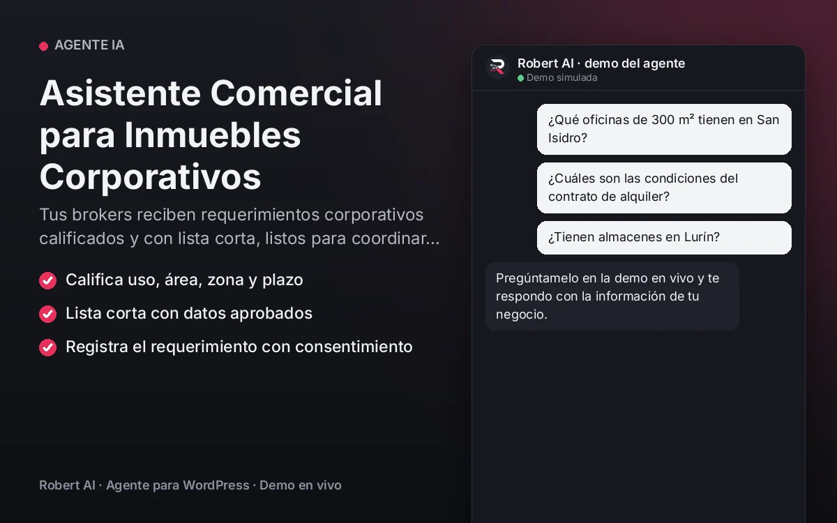 Portada: Asistente Comercial para Inmuebles Corporativos. Tus brokers reciben requerimientos corporativos calificados y con lista corta, listos para coordinar visitas.