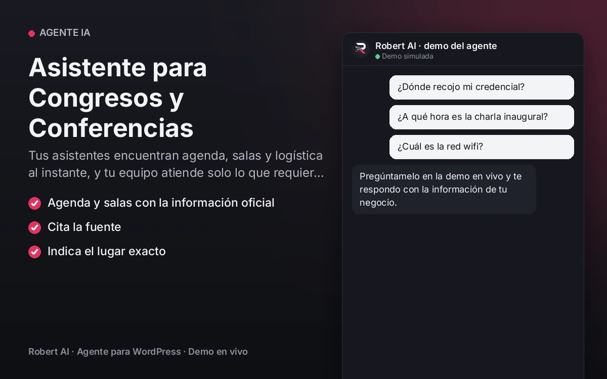 Portada: Asistente para Congresos y Conferencias. Tus asistentes encuentran agenda, salas y logística al instante, y tu equipo atiende solo lo que requiere una persona.